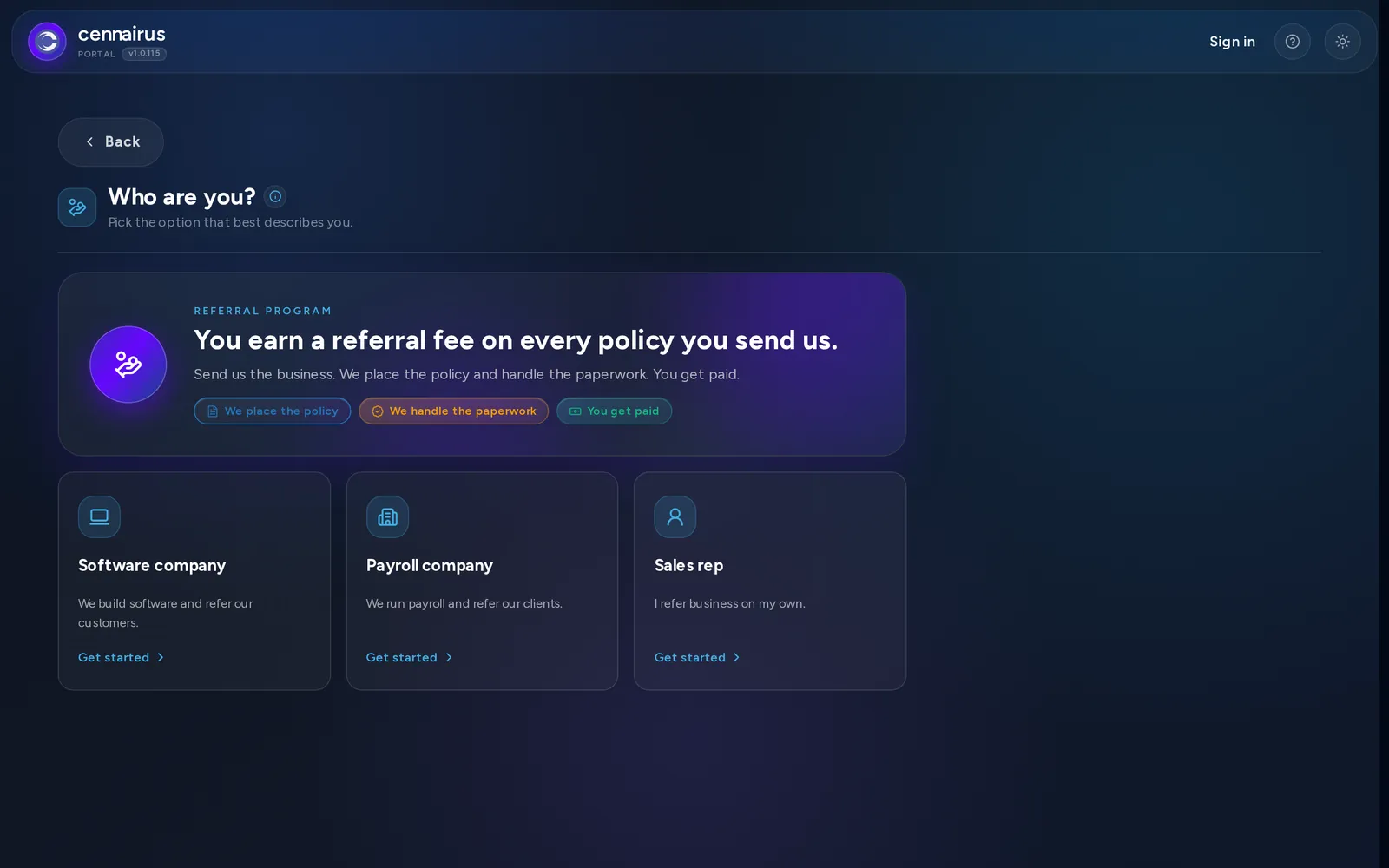The start of the Cennairus referral-partner sign-up wizard.