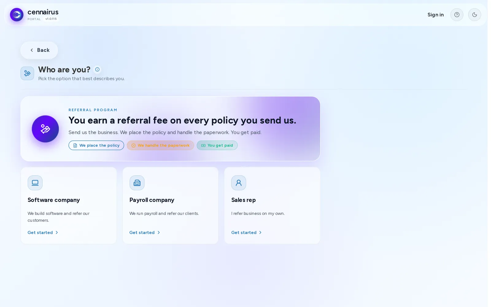 The start of the Cennairus referral-partner sign-up wizard.