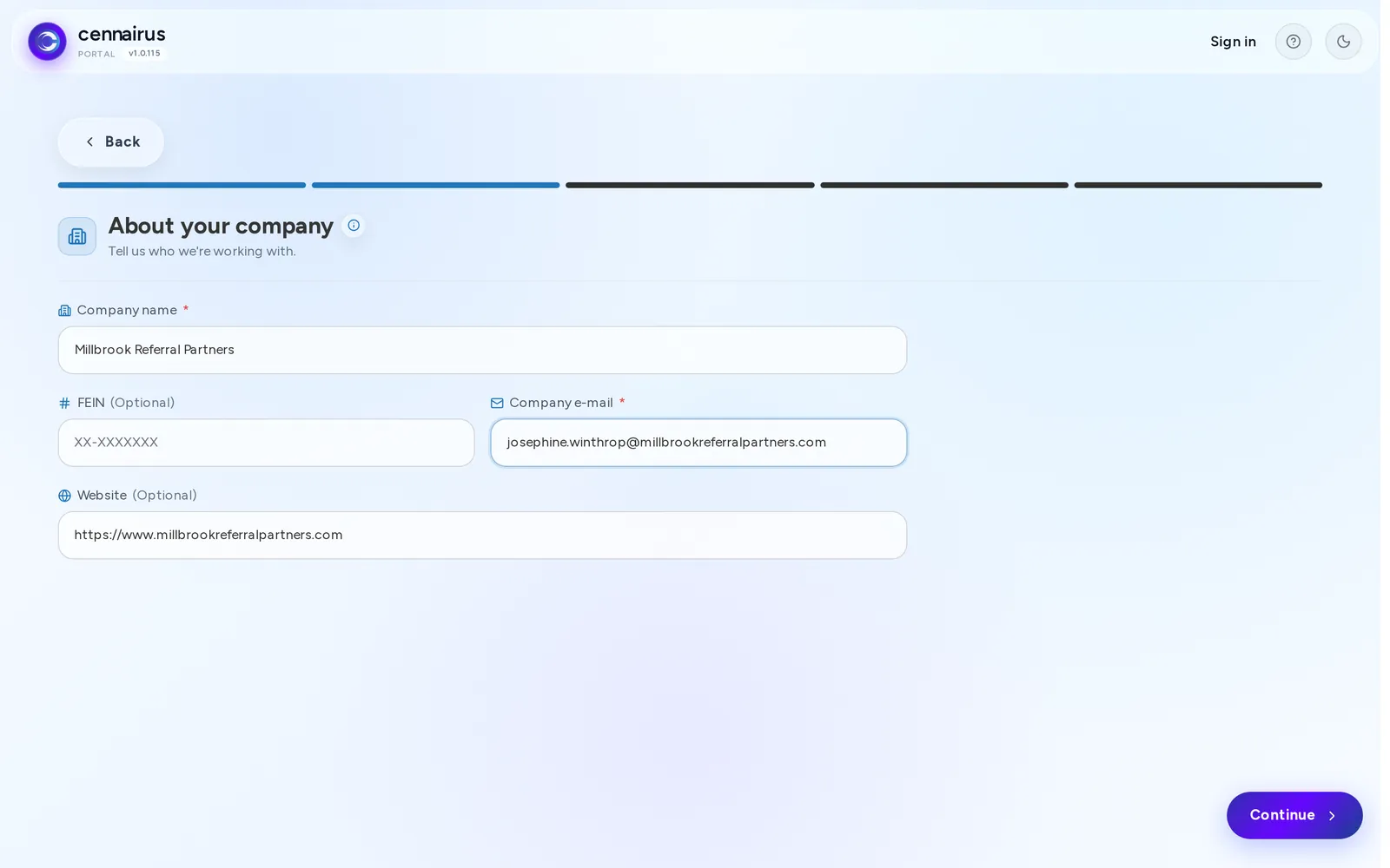 The About your company step, filled in.