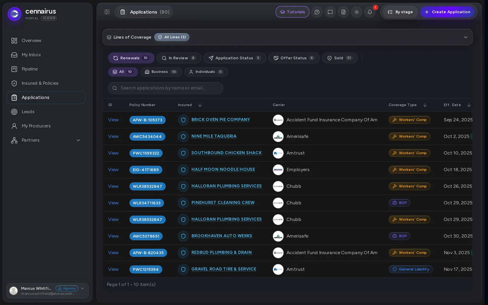 The Renewals tab, listing policies expiring within 60 days.