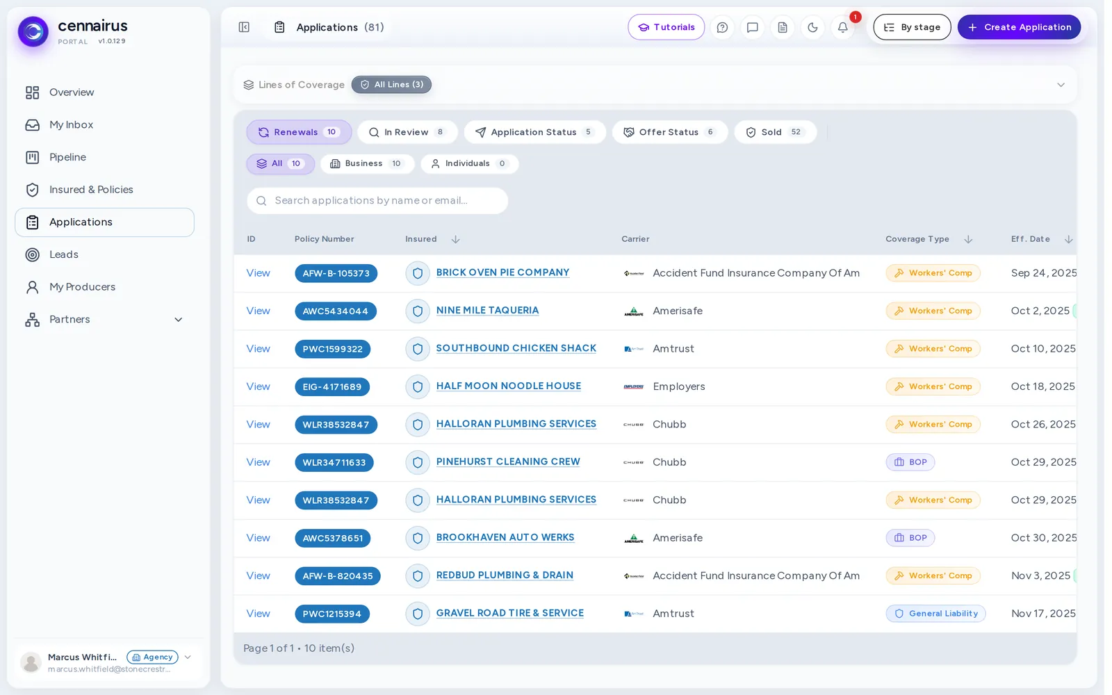 The Renewals tab, listing policies expiring within 60 days.