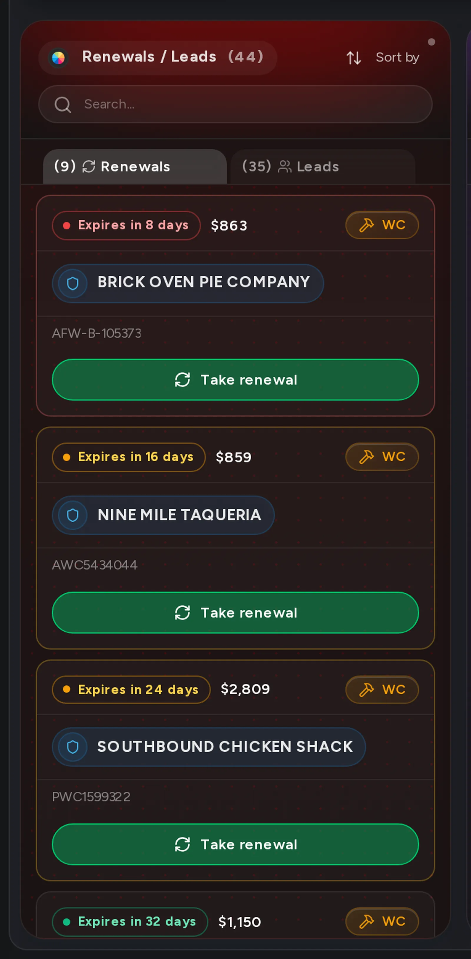 A close-up of the Renewals tab on the Pipeline board, with expiring policies and their Take renewal buttons.