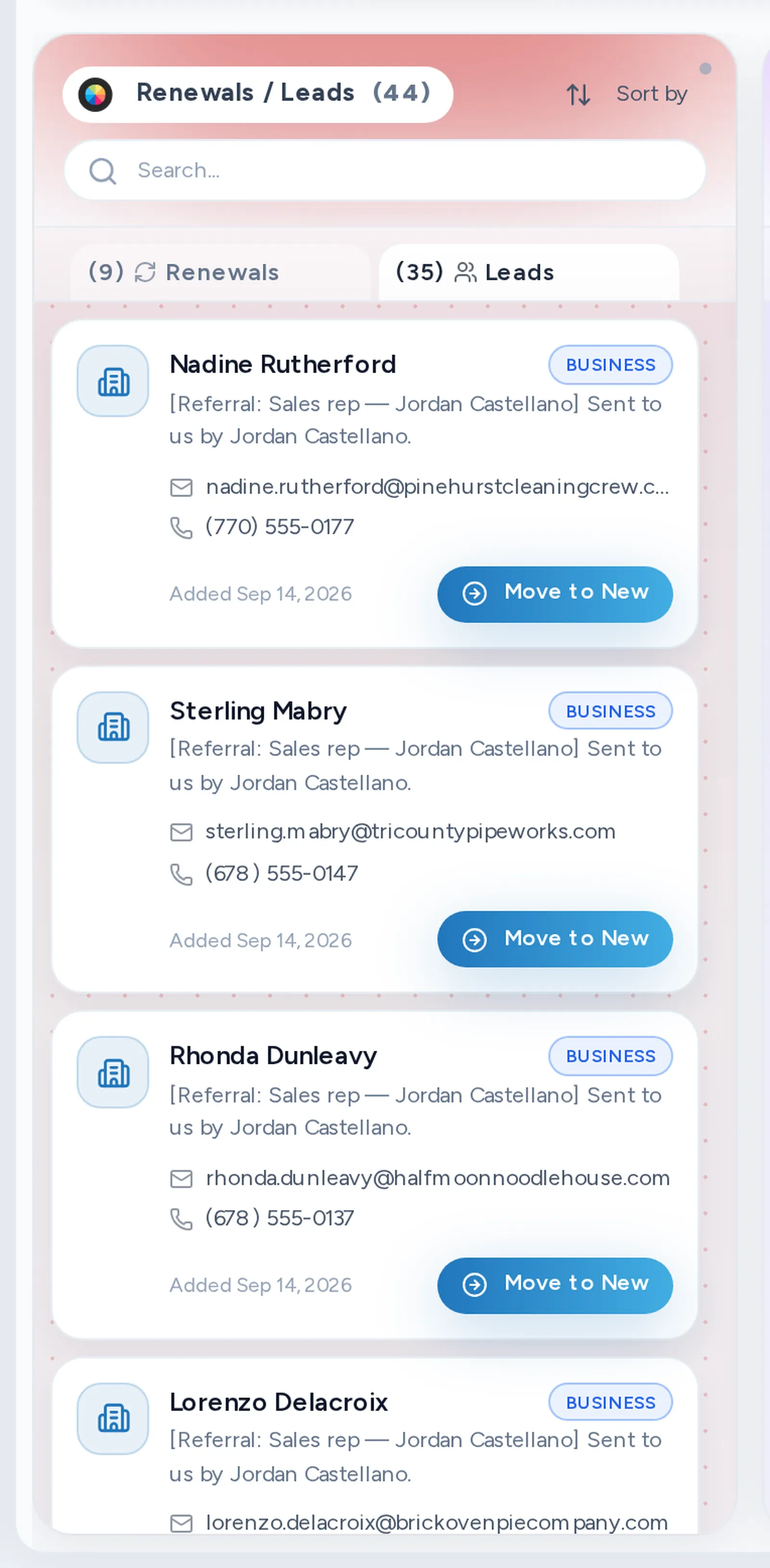 A close-up of the Leads tab on the Pipeline board, with lead cards and their Move to New buttons.