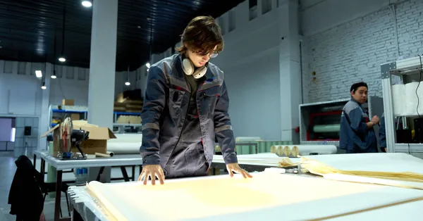 Worker in uniform examining sheets in a brightly lit factory environment, focusing on quality. industrial worker inspecting materials in factory