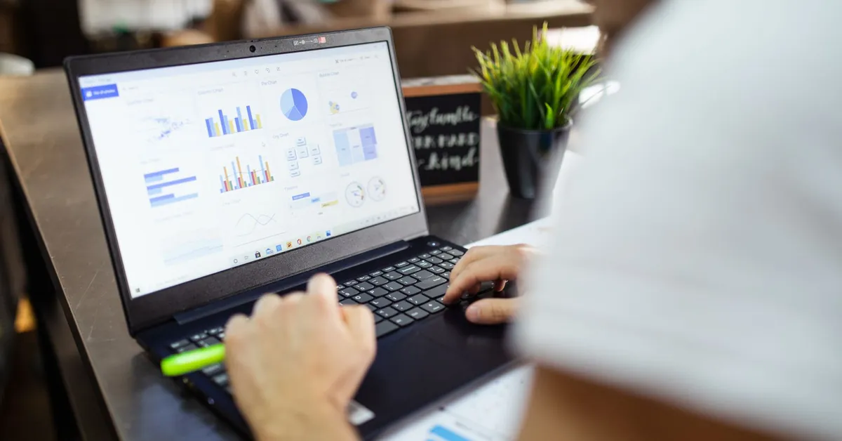 Focused business analysis with charts and graphs on a laptop in a modern office setting. person using black and gray laptop